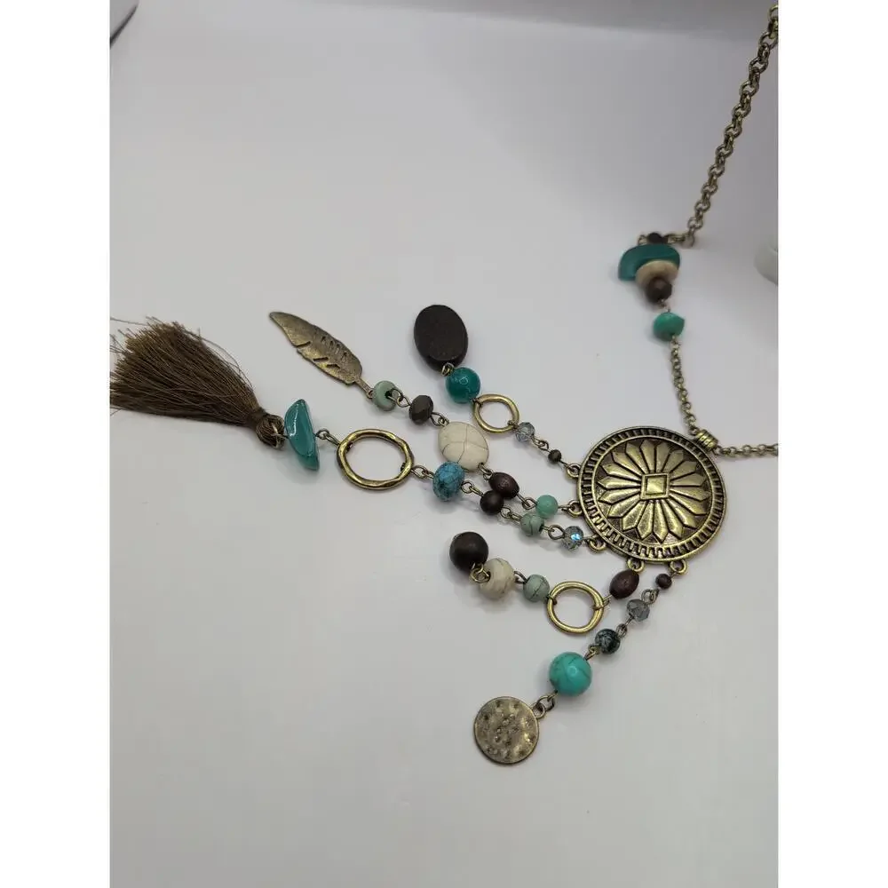 Vintage 1946 Turquoise Fringe Tassel Fabric Charm Beaded Necklace